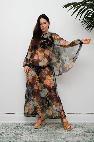 Vintage 1970s Sheer Floral Cape Maxi Dress with Floaty Sleeves