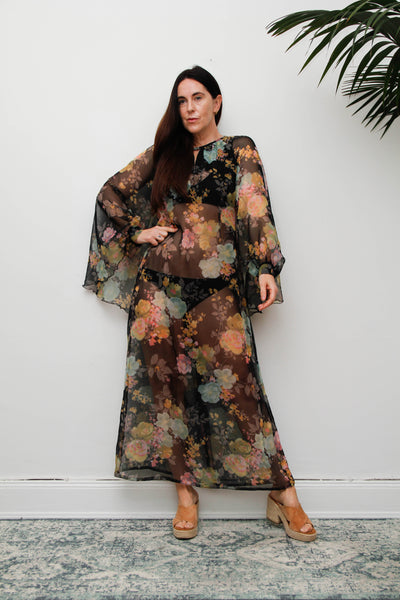 Vintage 1970s Sheer Floral Cape Maxi Dress with Floaty Sleeves