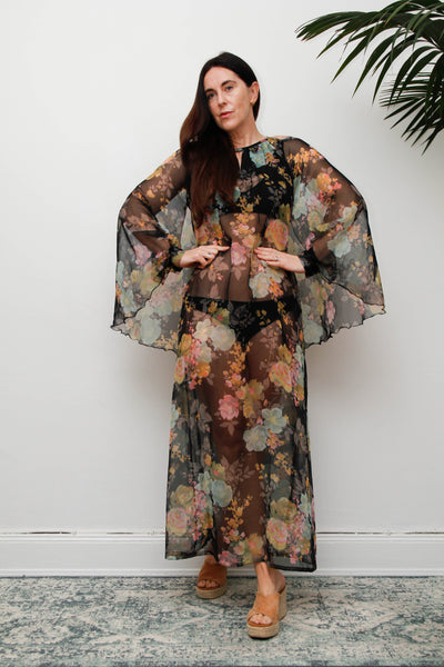 Vintage 1970s Sheer Floral Cape Maxi Dress with Floaty Sleeves