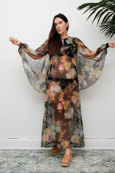 Vintage 1970s Sheer Floral Cape Maxi Dress with Floaty Sleeves