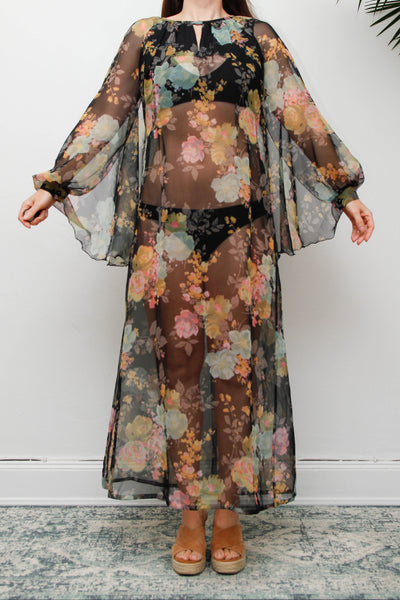 Vintage 1970s Sheer Floral Cape Maxi Dress with Floaty Sleeves