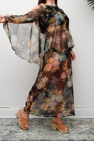 Vintage 1970s Sheer Floral Cape Maxi Dress with Floaty Sleeves