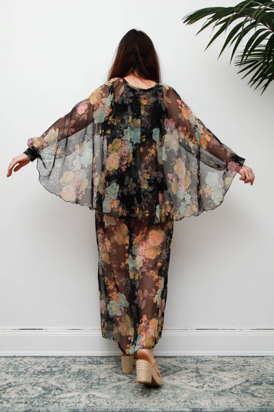 Vintage 1970s Sheer Floral Cape Maxi Dress with Floaty Sleeves