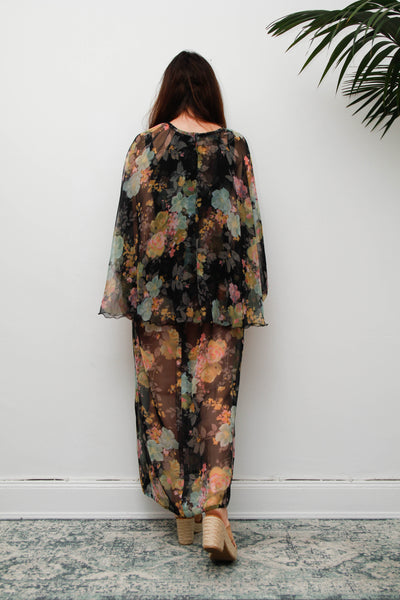 Vintage 1970s Sheer Floral Cape Maxi Dress with Floaty Sleeves