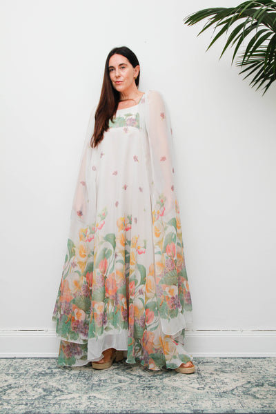 Vintage Pastel Floral Cape Maxi Dress with Dramatic Floaty Sleeves