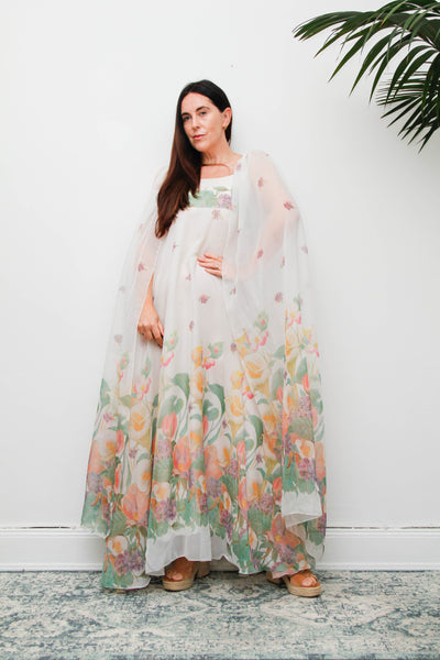 Vintage Pastel Floral Cape Maxi Dress with Dramatic Floaty Sleeves