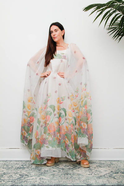Vintage Pastel Floral Cape Maxi Dress with Dramatic Floaty Sleeves