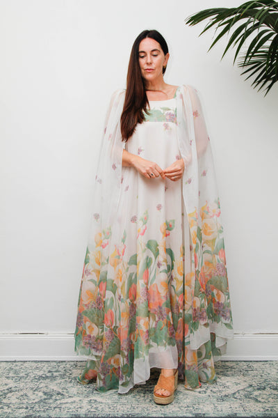 Vintage Pastel Floral Cape Maxi Dress with Dramatic Floaty Sleeves