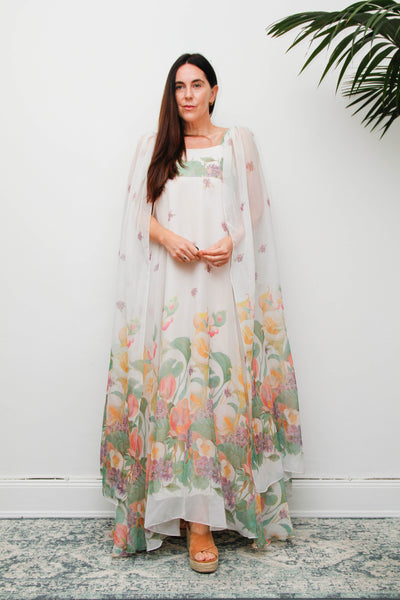 Vintage Pastel Floral Cape Maxi Dress with Dramatic Floaty Sleeves