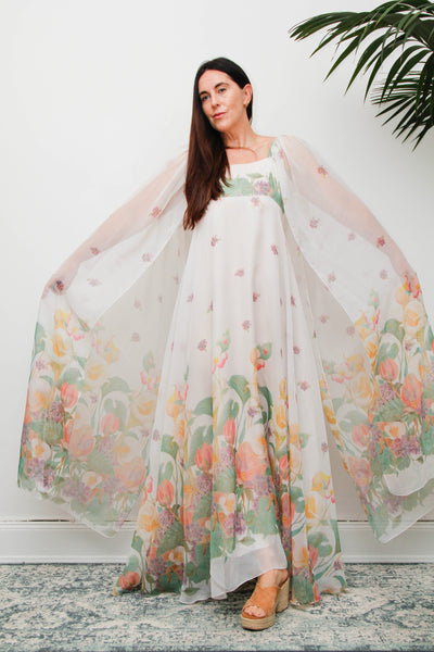 Vintage Pastel Floral Cape Maxi Dress with Dramatic Floaty Sleeves