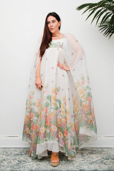 Vintage Pastel Floral Cape Maxi Dress with Dramatic Floaty Sleeves