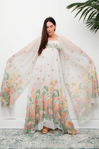 Vintage Pastel Floral Cape Maxi Dress with Dramatic Floaty Sleeves