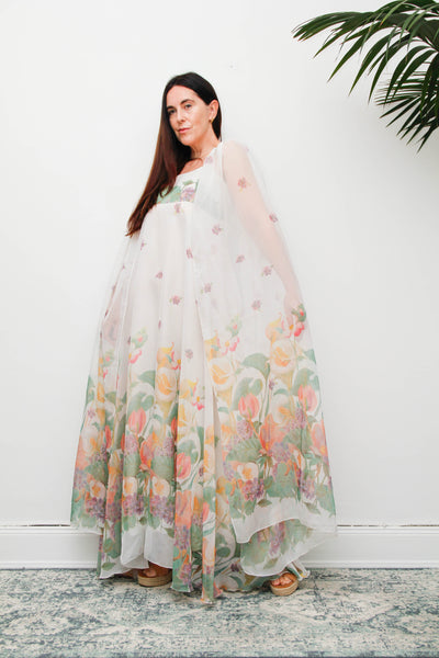 Vintage Pastel Floral Cape Maxi Dress with Dramatic Floaty Sleeves