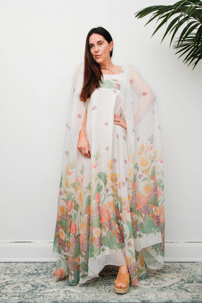 Vintage Pastel Floral Cape Maxi Dress with Dramatic Floaty Sleeves