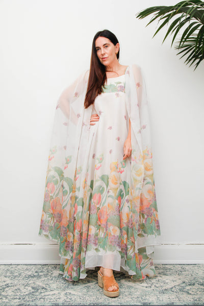 Vintage Pastel Floral Cape Maxi Dress with Dramatic Floaty Sleeves