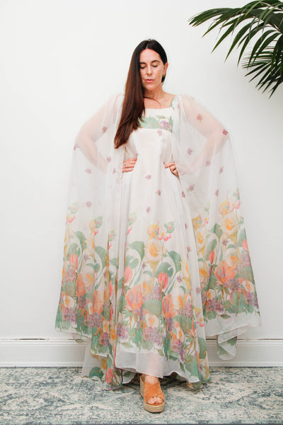 Vintage Pastel Floral Cape Maxi Dress with Dramatic Floaty Sleeves
