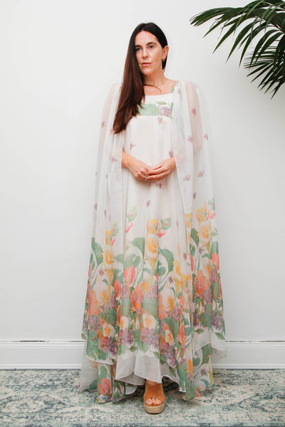 Vintage Pastel Floral Cape Maxi Dress with Dramatic Floaty Sleeves