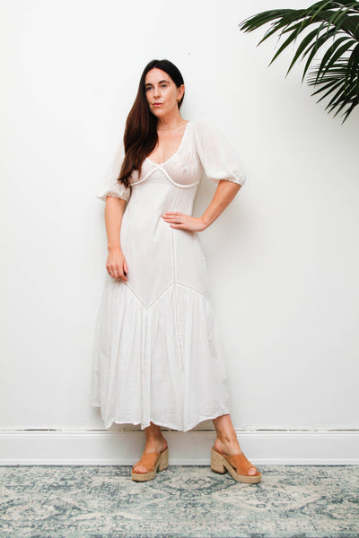 Vintage 1970s White Cotton Crochet Bodice Bohemian Maxi Dress