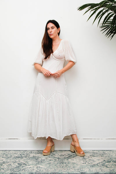Vintage 1970s White Cotton Crochet Bodice Bohemian Maxi Dress