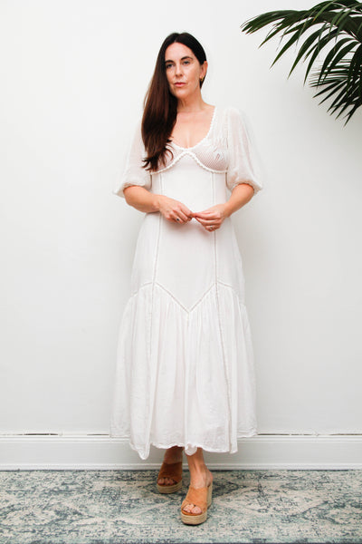 Vintage 1970s White Cotton Crochet Bodice Bohemian Maxi Dress