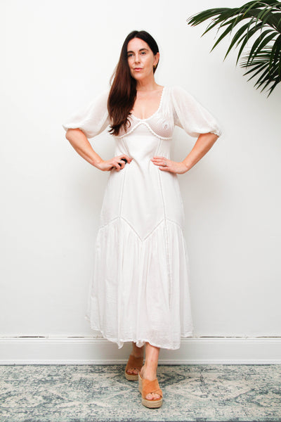 Vintage 1970s White Cotton Crochet Bodice Bohemian Maxi Dress
