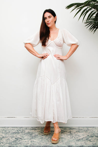 Vintage 1970s White Cotton Crochet Bodice Bohemian Maxi Dress