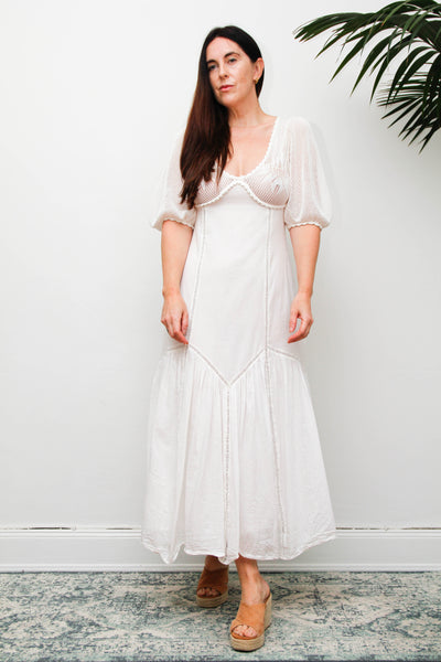 Vintage 1970s White Cotton Crochet Bodice Bohemian Maxi Dress