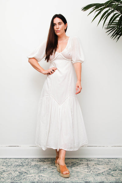 Vintage 1970s White Cotton Crochet Bodice Bohemian Maxi Dress