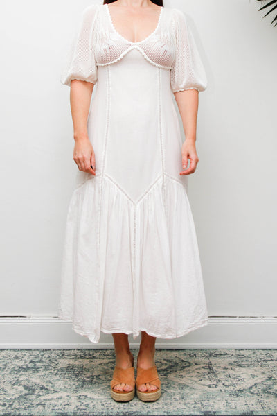 Vintage 1970s White Cotton Crochet Bodice Bohemian Maxi Dress