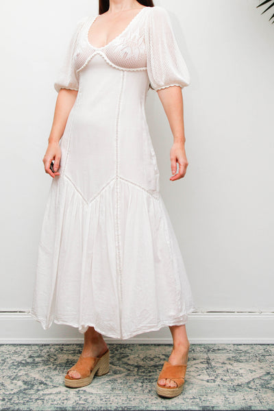 Vintage 1970s White Cotton Crochet Bodice Bohemian Maxi Dress