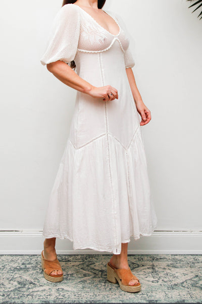 Vintage 1970s White Cotton Crochet Bodice Bohemian Maxi Dress