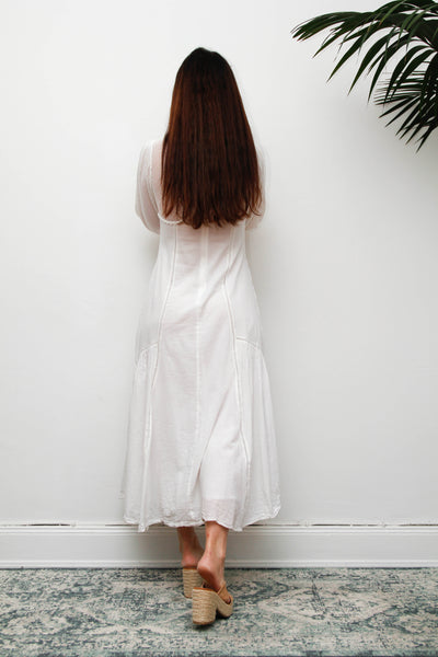 Vintage 1970s White Cotton Crochet Bodice Bohemian Maxi Dress