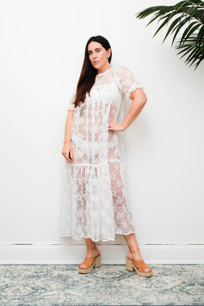 Rare Antique White Floral Lace Tiered Maxi Dress with Puff Sleeves