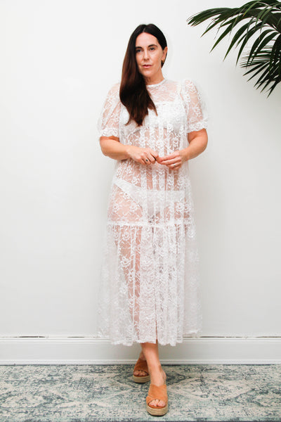 Rare Antique White Floral Lace Tiered Maxi Dress with Puff Sleeves