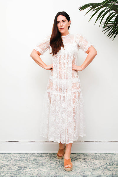 Rare Antique White Floral Lace Tiered Maxi Dress with Puff Sleeves