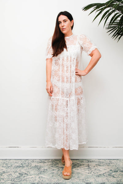 Rare Antique White Floral Lace Tiered Maxi Dress with Puff Sleeves