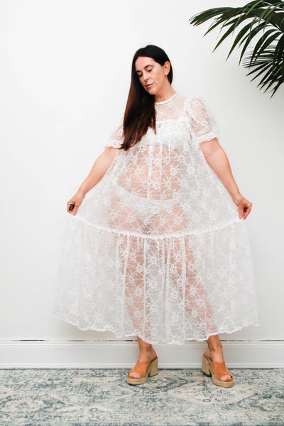 Rare Antique White Floral Lace Tiered Maxi Dress with Puff Sleeves