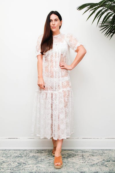 Rare Antique White Floral Lace Tiered Maxi Dress with Puff Sleeves