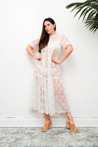 Rare Antique White Floral Lace Tiered Maxi Dress with Puff Sleeves