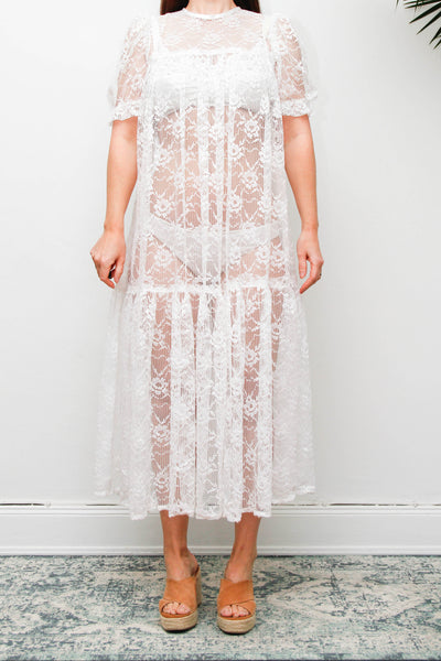 Rare Antique White Floral Lace Tiered Maxi Dress with Puff Sleeves