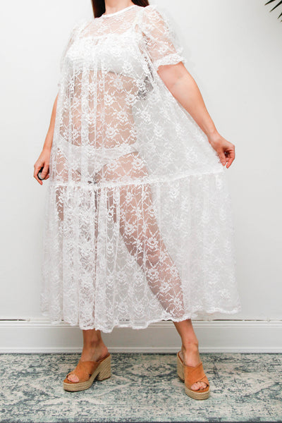 Rare Antique White Floral Lace Tiered Maxi Dress with Puff Sleeves
