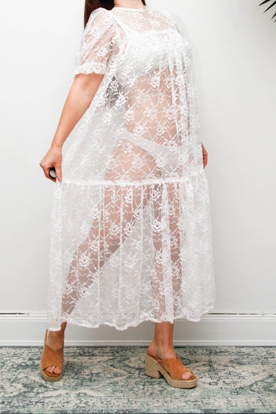 Rare Antique White Floral Lace Tiered Maxi Dress with Puff Sleeves