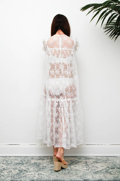 Rare Antique White Floral Lace Tiered Maxi Dress with Puff Sleeves