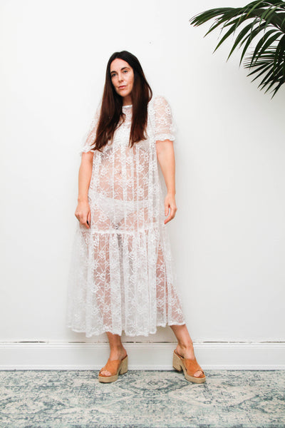 Rare Antique White Floral Lace Tiered Maxi Dress with Puff Sleeves