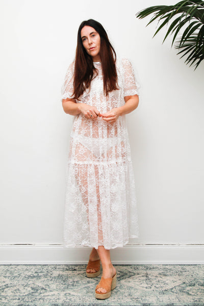 Rare Antique White Floral Lace Tiered Maxi Dress with Puff Sleeves