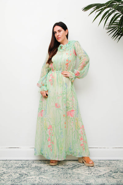 Vintage 1970s Pastel Floral Maxi Dress with Billowing Sleeves