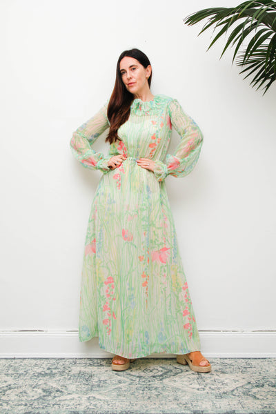 Vintage 1970s Pastel Floral Maxi Dress with Billowing Sleeves