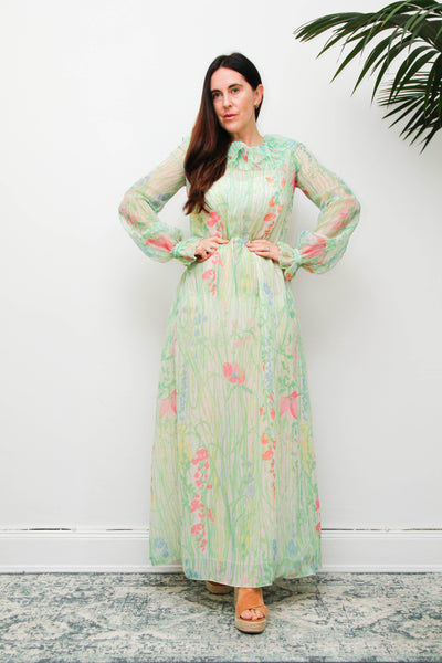 Vintage 1970s Pastel Floral Maxi Dress with Billowing Sleeves