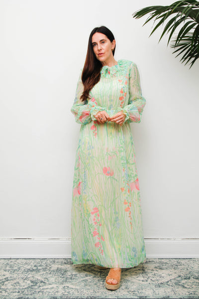 Vintage 1970s Pastel Floral Maxi Dress with Billowing Sleeves