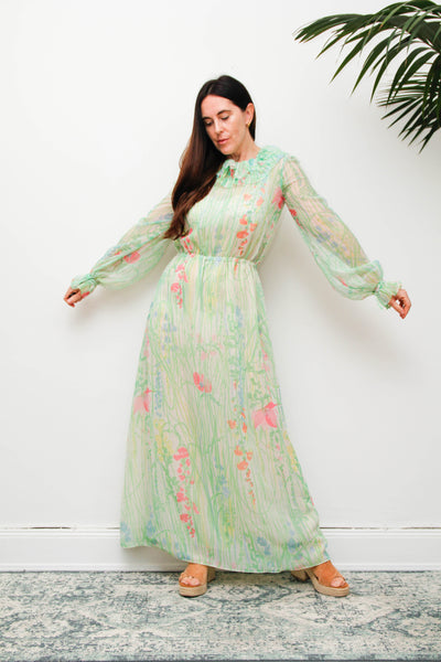 Vintage 1970s Pastel Floral Maxi Dress with Billowing Sleeves